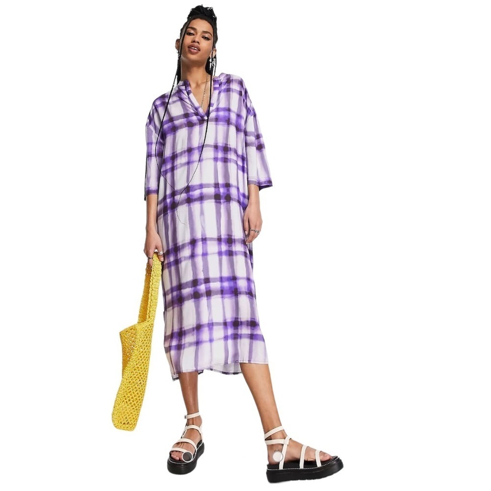 ASOS Native Youth V-Neck Casaul 90s grunge smock dress purple check medium